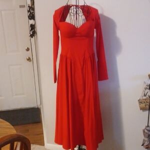 Red Long Sleeve Fit-and-Flare Dress